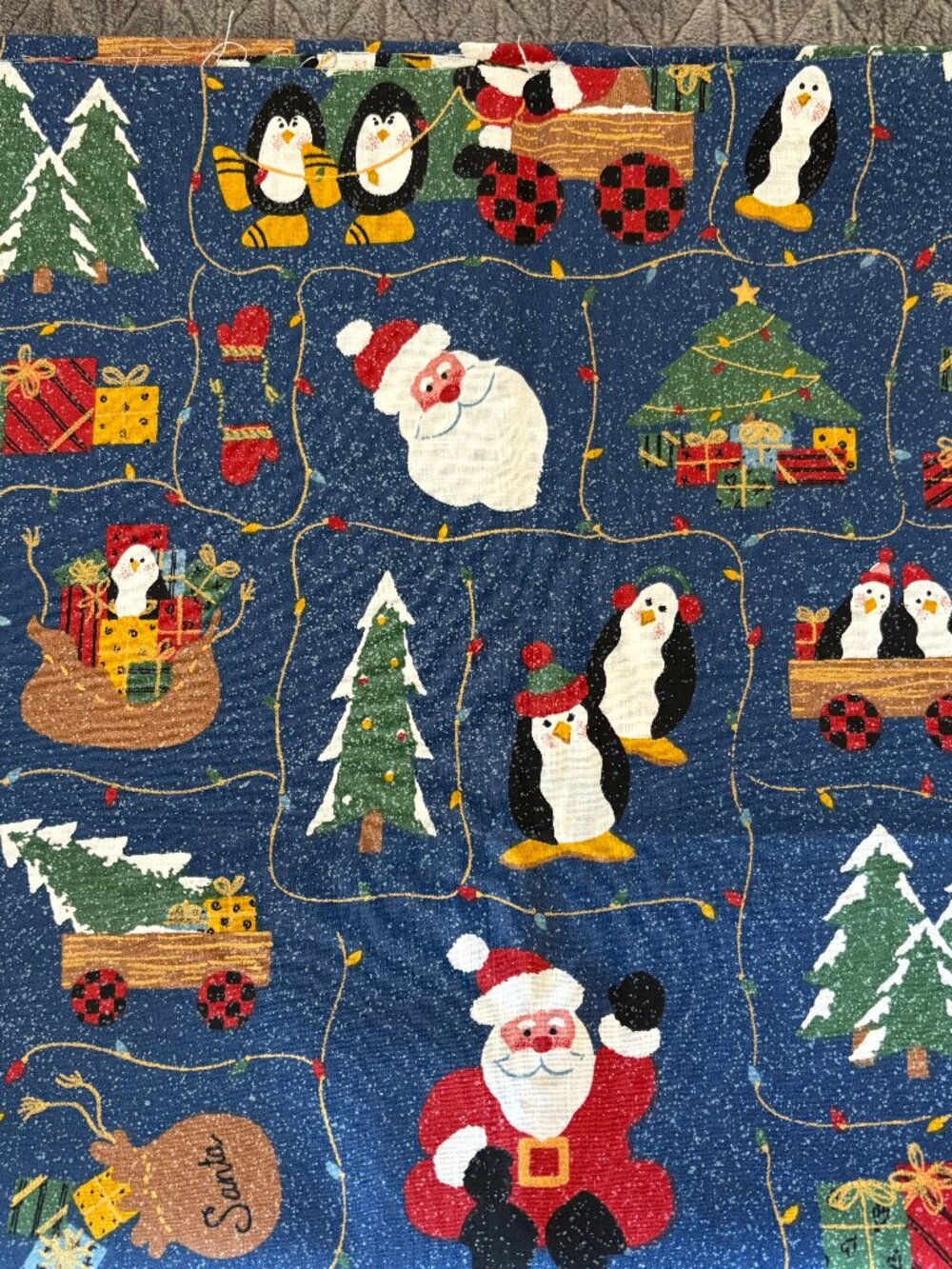 Christmas Cotton Fabric Santa Penguin Wagon Denim Blue 1+ Yd Textile Arts Film